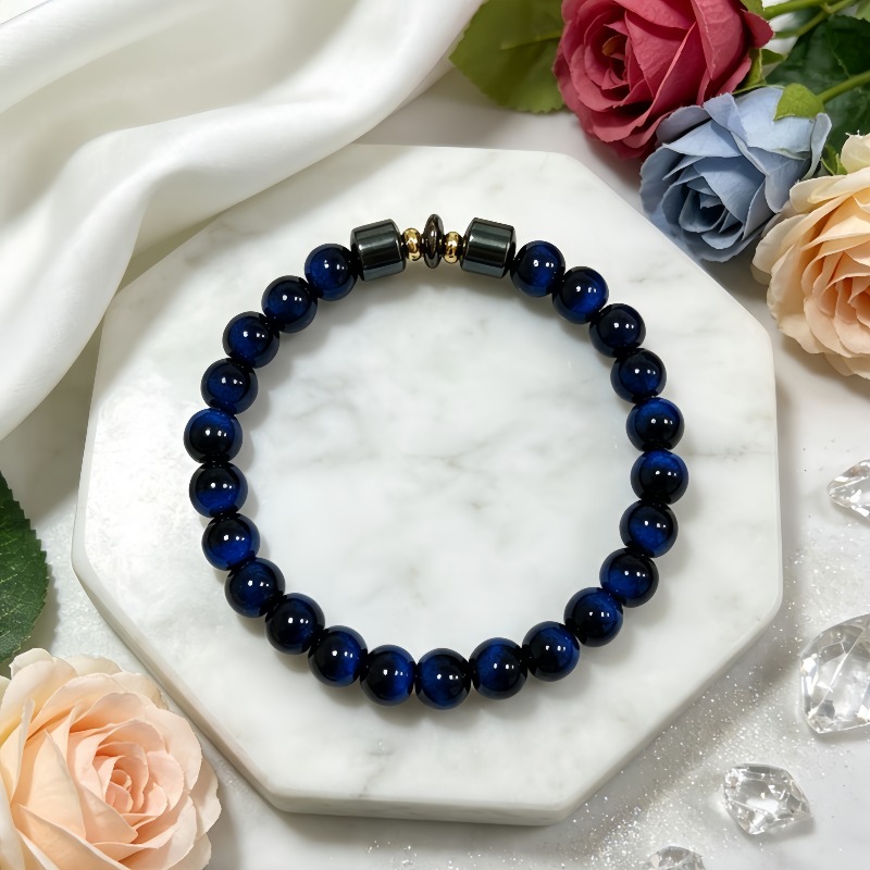 Men's Deep Blue Round Bead Elastic Bracelet, Casual Wear